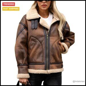 Faux Leather Aviator Bomber Jacket Sherpa Lined Oversized Chic Winter Coat